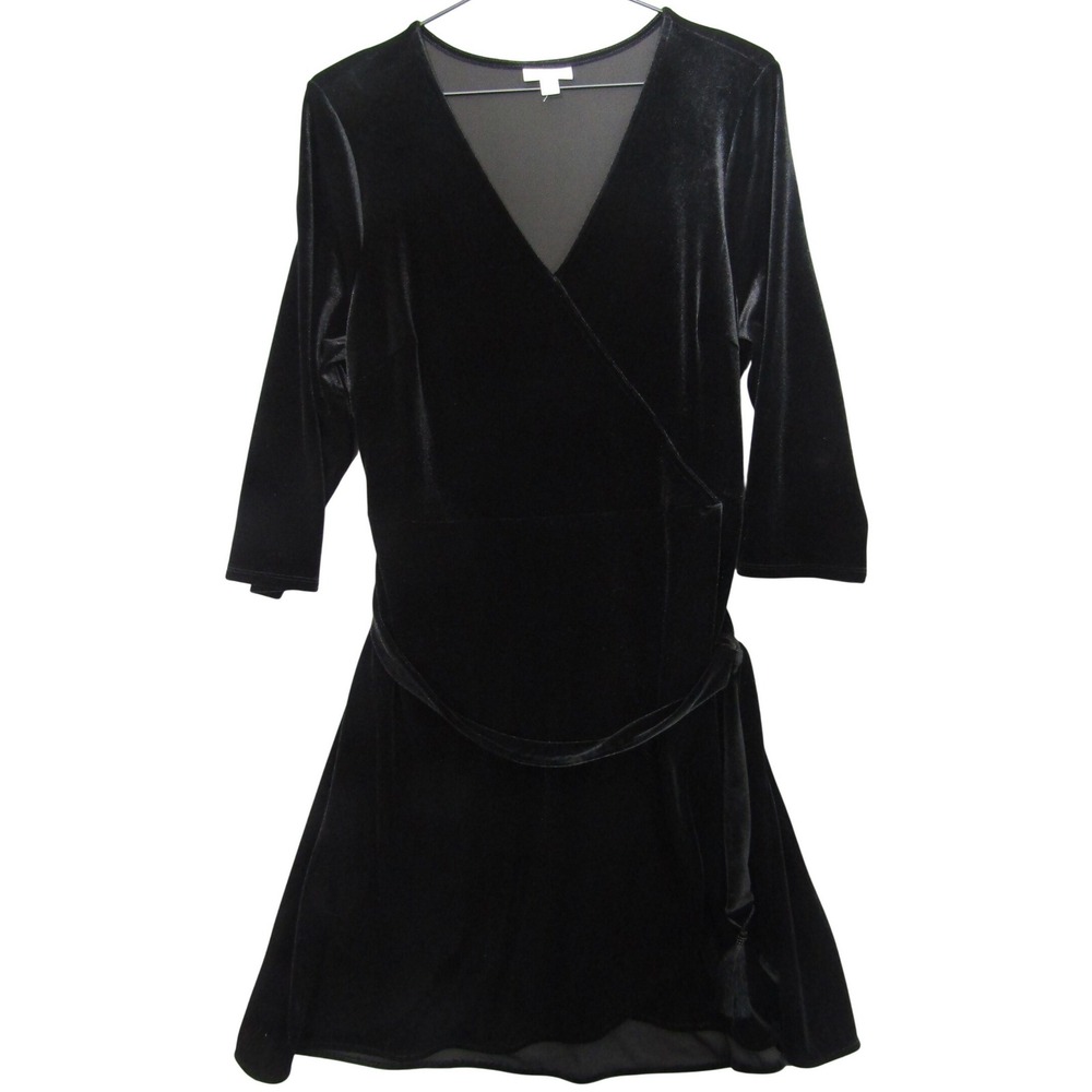 J. Jill Velvet Wrap Dress Womens Black Excellent Tassel Belt 3/4 Sleeve Minimal
